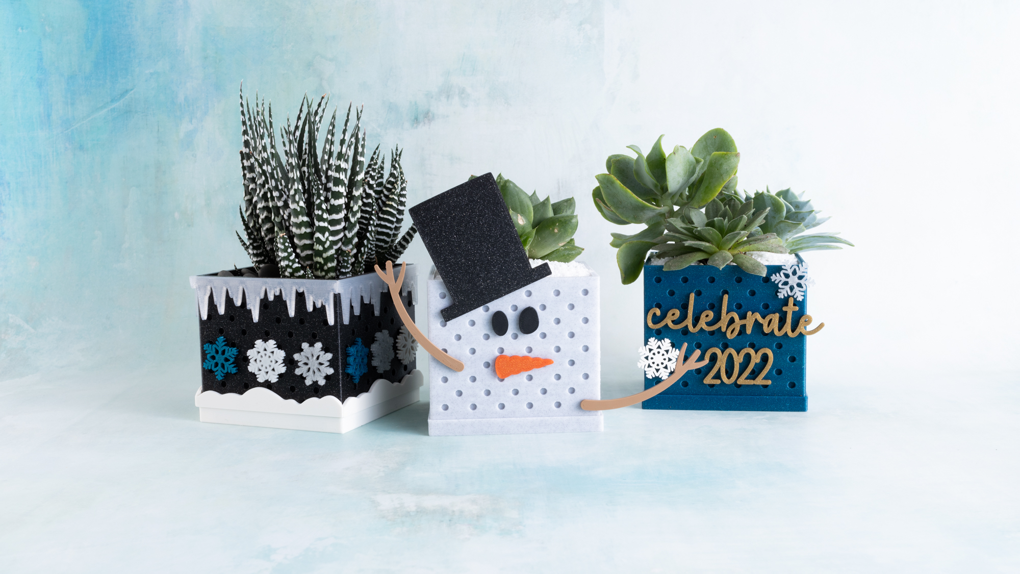 winter themed snappy pots with succulents and decorations