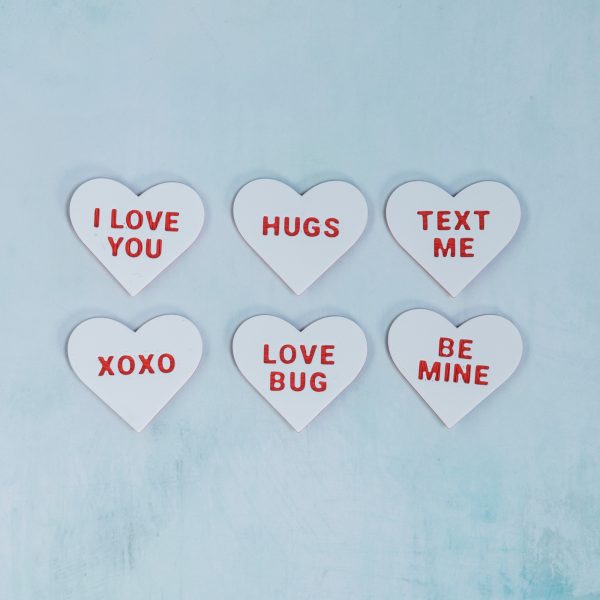 red on white conversation hearts set front