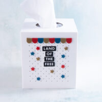 Snappy pots word charms land of the free on tissue box cover gold red blue scallops stars