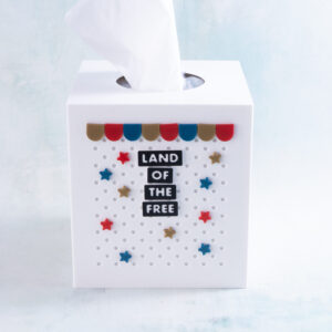 Snappy pots word charms land of the free on tissue box cover gold red blue scallops stars