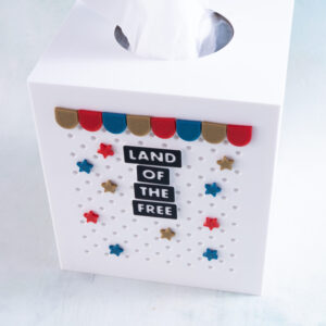 Snappy pots word charms land of the free on tissue box cover gold red blue scallops stars angle